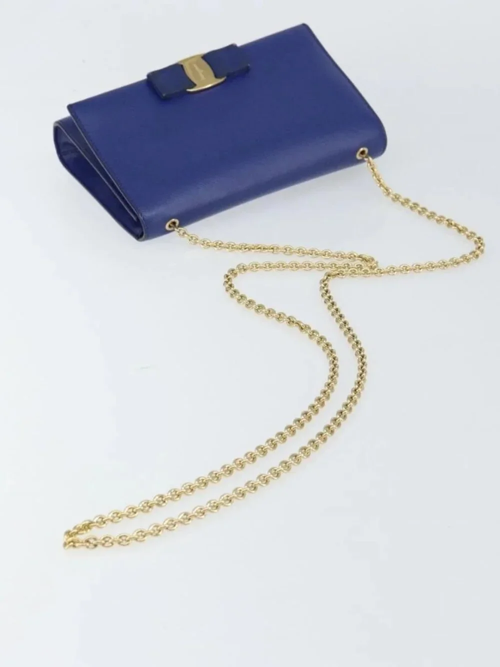 Salvatore Ferragamo Vala Chain Shoulder Bag Leather Blue Gold Auth 161081